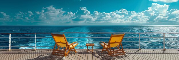 Photo luxury cruise ship deck with lounge chairs and wide view of the blue sky on a sunny day