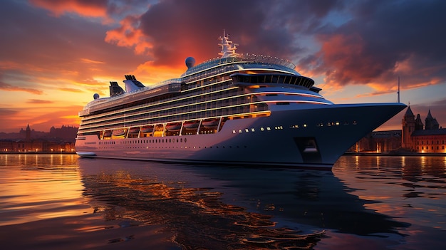 Luxury Cruise Ship Leaving Port at Sunset