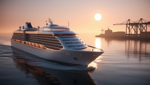 A luxury cruise ship sailing toward the port at sunrise