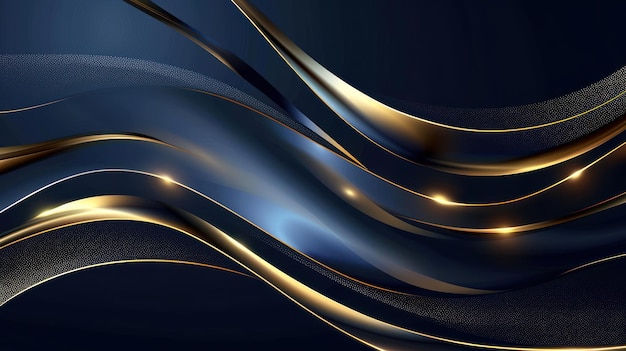 Luxury curve gold lines on dark blue background with lighting effects Luxury design style