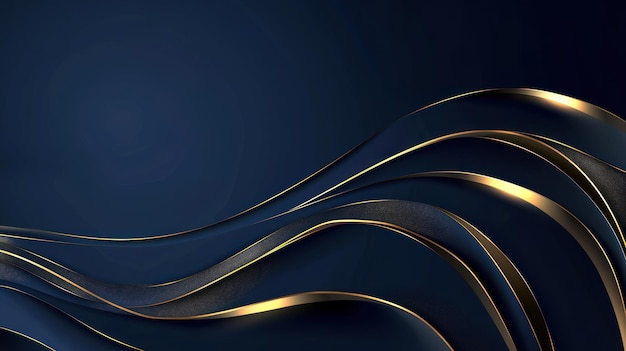 Luxury curve gold lines on dark blue background with lighting effects Luxury design style