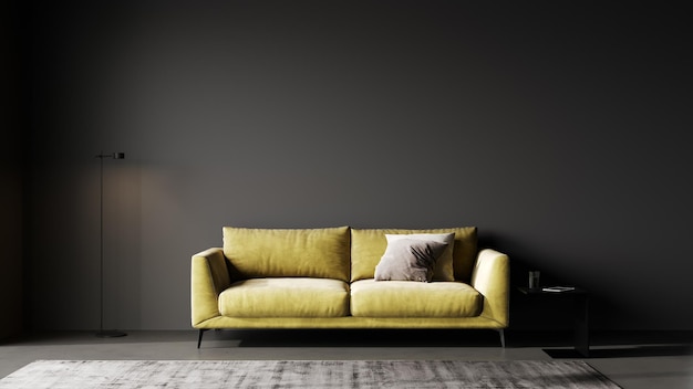 Luxury dark living room interior background black empty wall mock up living room mock up modern living room with yellow sofa and black lamp and table scandinavian style 3d rendering