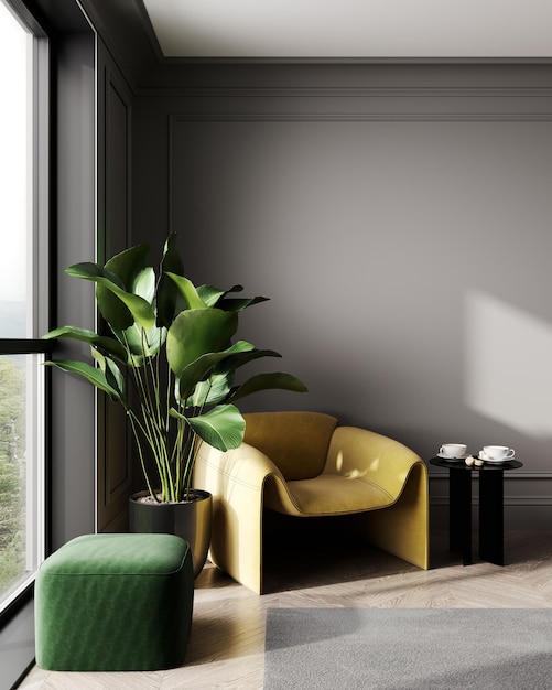 Luxury dark living room interior background gray empty wall mock up living room mock up modern living room with yellow armchair and green pouf and table scandinavian style 3d rendering