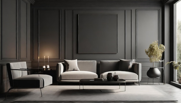 Luxury dark living room interior black empty wall mock up