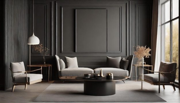 Luxury dark living room interior black empty wall mock up