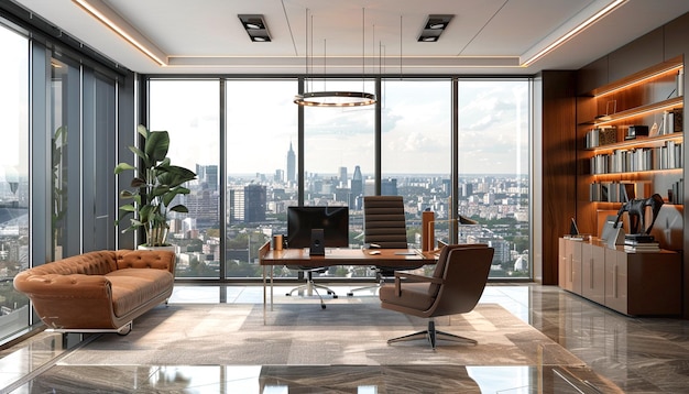 Luxury decorated corporate office room with city view