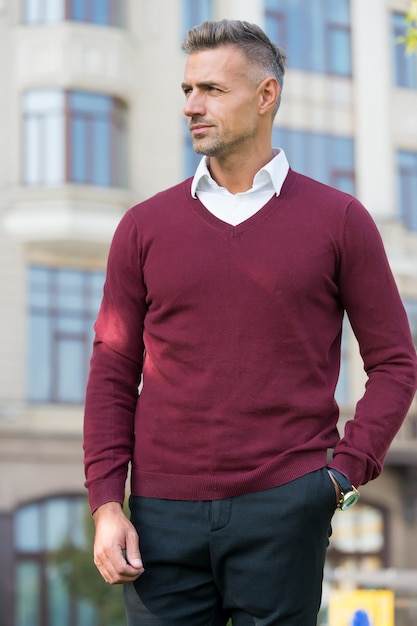 Luxury design clothes. Fashion shop. Attractive mature man. Mature guy with grey hair and bristle. Fashion outfit for business. Fashionable model businessman. Fashion guy demonstrate clothes.