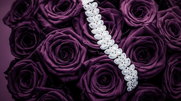 Luxury diamond jewelry bracelet and purple roses flowers love gift on Valentines Day and jewellery brand holiday background design