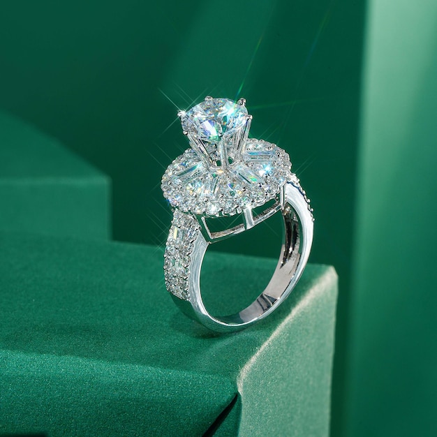 Luxury diamond ring in focus on paper