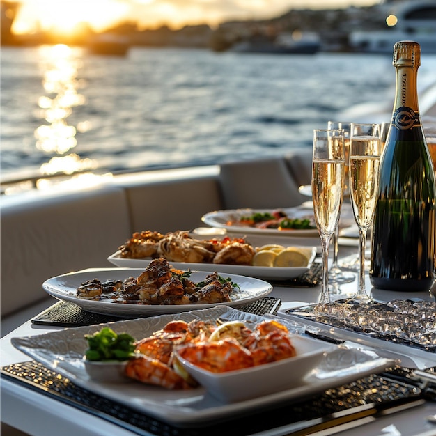 Photo a luxury dining experience on a yacht with ocean views seafood dishes and champagne