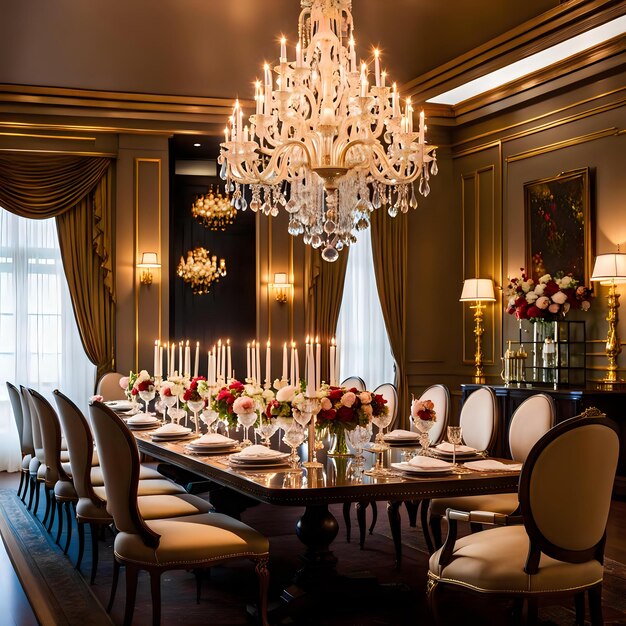 Photo luxury dining room interior with a grand chandelier and long table