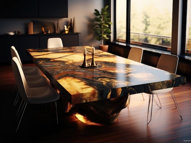 Luxury dining room with a marble table plush chairs and elegant decor natural light Generative AI