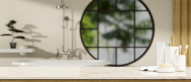 Luxury elegance marble bathroom tabletop with copy space over blurred modern bathroom