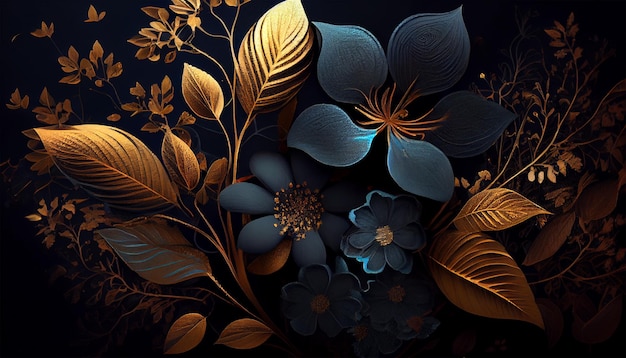 Luxury and elegant blue and golden dust flowers and branch leaves on dark blue background Vintage floral decoration Flat lay top view fantastic plant 3d illustration Generative Ai