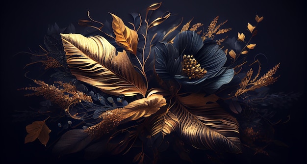 Luxury and elegant blue and golden dust flowers and branch leaves on dark blue background Vintage floral decoration Flat lay top view fantastic plant 3d illustration Generative Ai