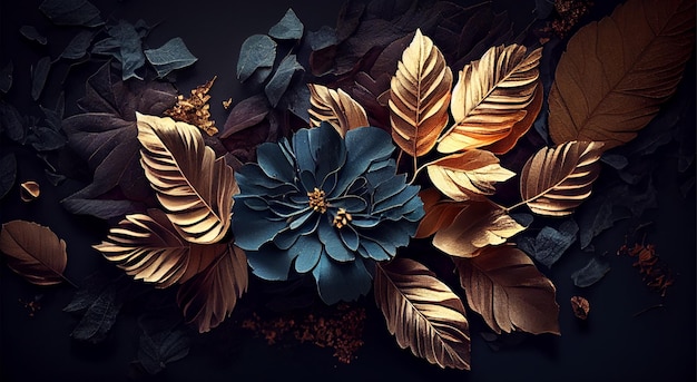 Luxury and elegant blue and golden dust flowers and branch leaves on dark blue background Vintage floral decoration Flat lay top view fantastic plant 3d illustration Generative Ai