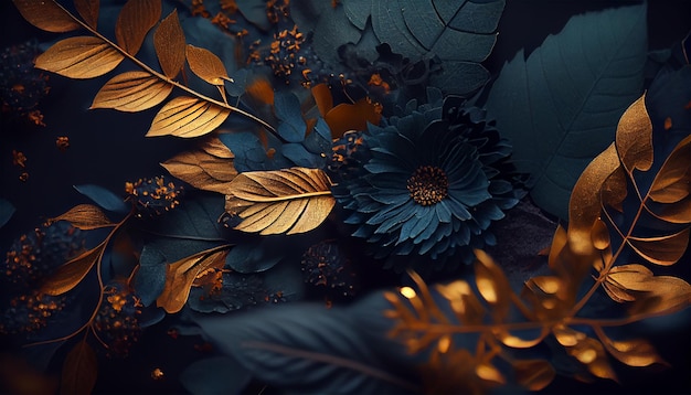 Luxury and elegant blue and golden dust flowers and branch leaves on dark blue background Vintage floral decoration Flat lay top view fantastic plant 3d illustration Generative Ai