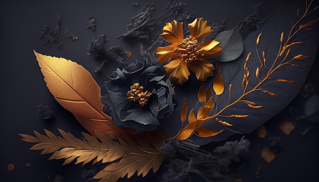 Luxury and elegant blue and golden dust flowers and branch leaves on dark blue background Vintage floral decoration Flat lay top view fantastic plant 3d illustration Generative Ai