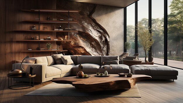 Luxury Elegant interior design of modern living room Wooden paneling wall with sofa and live edge coffee table Created with generative AI