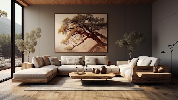 Luxury Elegant interior design of modern living room Wooden paneling wall with sofa and live edge coffee table Created with generative AI