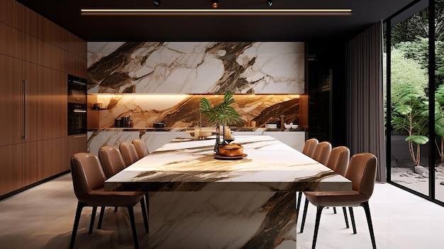 Luxury elegant marble dining table and brown kitchen Generative AI