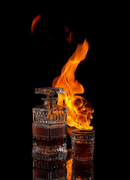 Luxury elite alcohol in a bottle and glass on fire