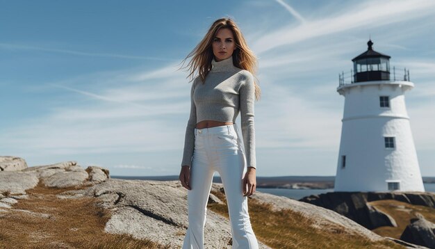 Photo luxury fashion photography of an model on top of new england lighthouse