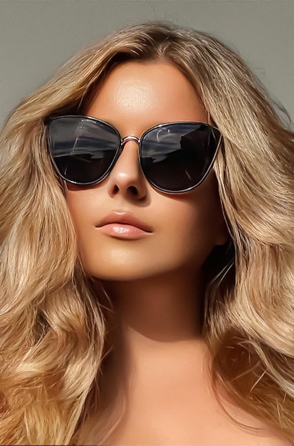 Luxury fashion travel and beauty face portrait of young blonde woman wearing chic sunglasses suntanned skin and long beach waves hairstyle summer accessory and glamour style