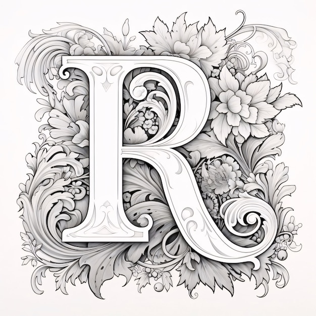 Luxury floral capital letter R hand drawn with floral ornament