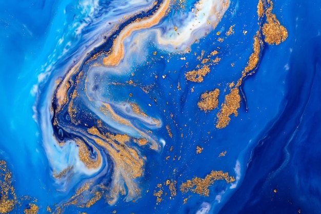 Luxury fluid art painting background. Spilled blue, white and gold acrylic paint. Liquid marble. Alcohol ink splash.