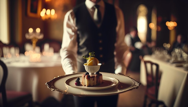 Luxury food service appetisers and desserts served by a waiter at a wedding celebration or formal event in classic English style at luxurious hotel or estate Generative AI