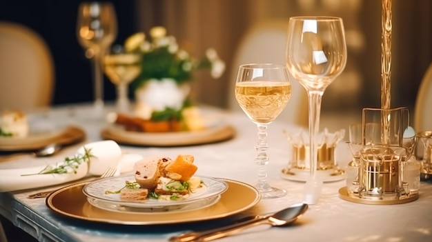 Luxury food service appetisers and desserts served at a restaurant or formal dinner event in classic English style in the luxurious hotel or country estate generative ai