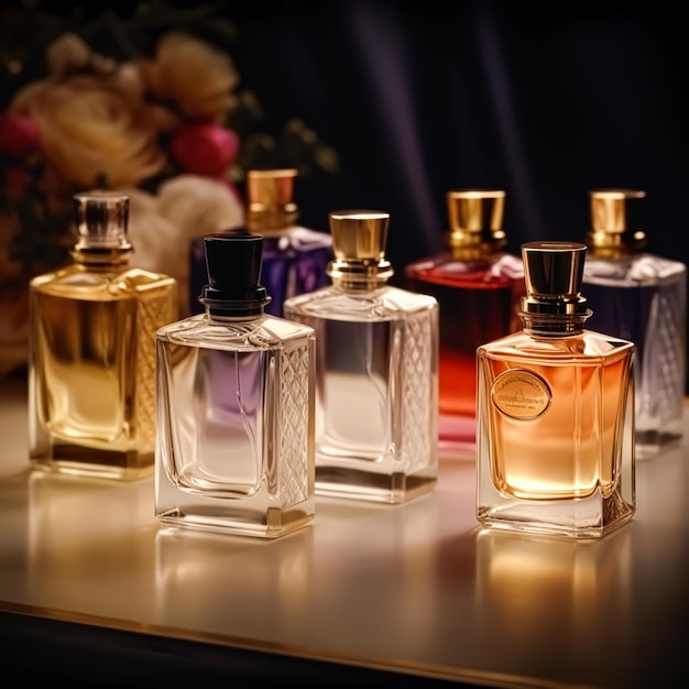 Luxury fragrance bottles at perfume scent at presentation event bespoke perfumery and beauty product sale generative ai