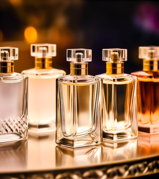 Luxury fragrance bottles at perfume scent at presentation event bespoke perfumery and beauty product sale generative ai