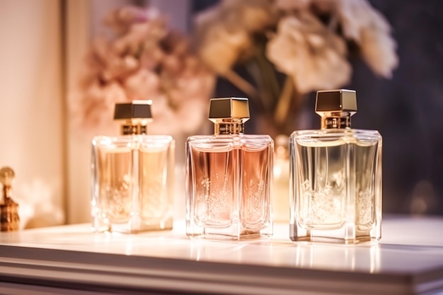 Luxury fragrance bottles at perfume scent at presentation event bespoke perfumery and beauty product sale generative ai