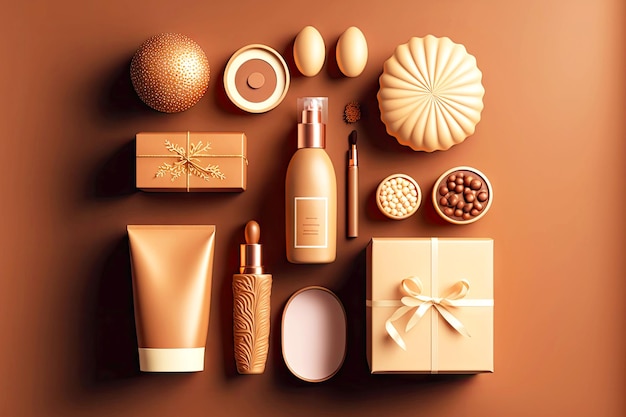 Luxury gift care and decorative cosmetics spa products flatlay