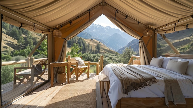 Luxury glamping tent with a view of the mountains