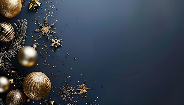 Photo luxury gold christmas decorations on dark blue background xmas greeting card template happy new year banner mockup