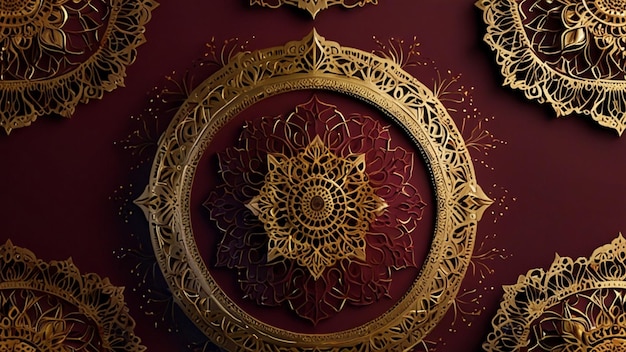 Photo luxury gold mandala on dark red background wedding invitation ramadan banner