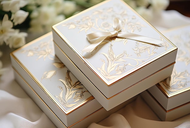 Photo luxury gold wedding boxes box bridal gift in the style of soft atmospheric perspective