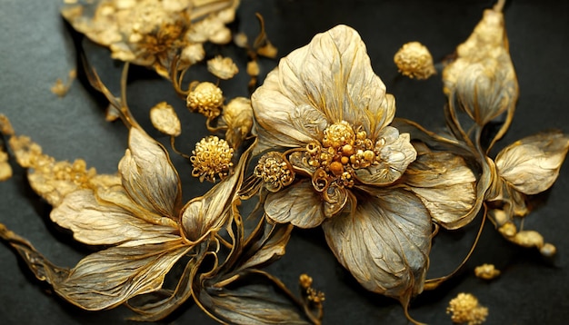 Luxury golden flower decorative background Beautiful precious metal floral art 3D illustration