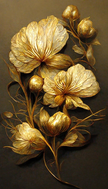 Luxury golden flower decorative background Beautiful precious metal floral art 3D illustration