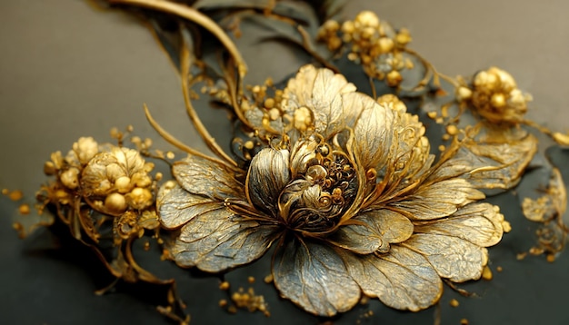 Luxury golden flower decorative background Beautiful precious metal floral art 3D illustration