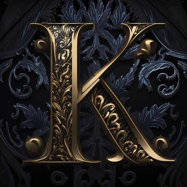 Photo luxury golden letter k with ornament on black background 3d rendering