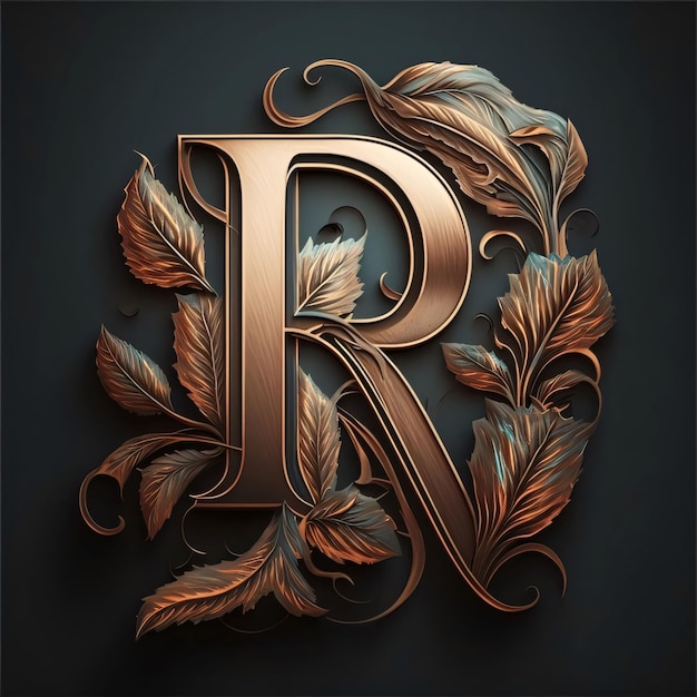 Luxury golden letter R with leaves in the style of baroque