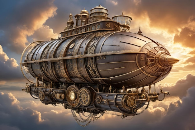 Luxury golden Steampunk airship with intricate mechanism flying on beautiful sunset sky