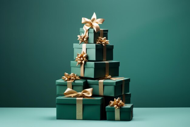 Luxury green and gold wrapped presents stacked up into a tower shape