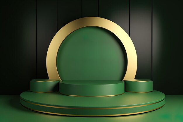 Luxury green and golden stage podium for cosmetic product display presentation scene 3d rendering