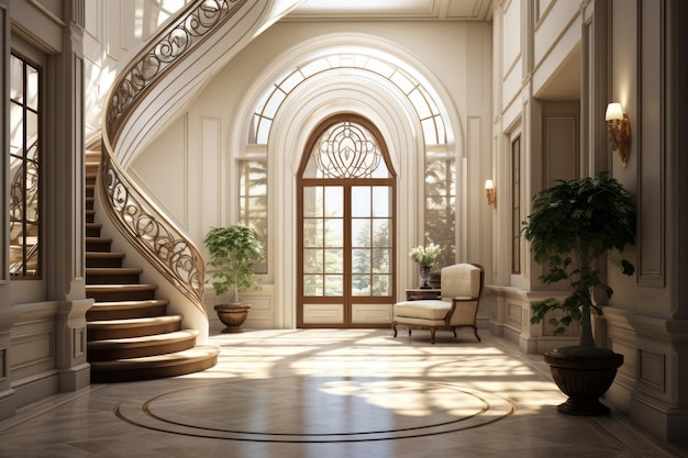 A luxury hallway with white walls and light wood floors with a white accent wall