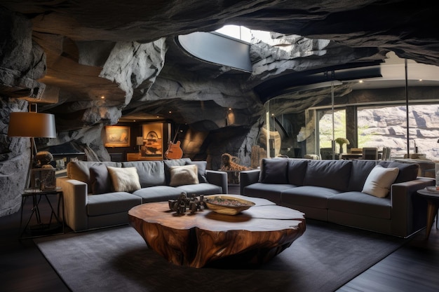 Luxury home boasts a living room interior and den featuring a magnificent rock wall